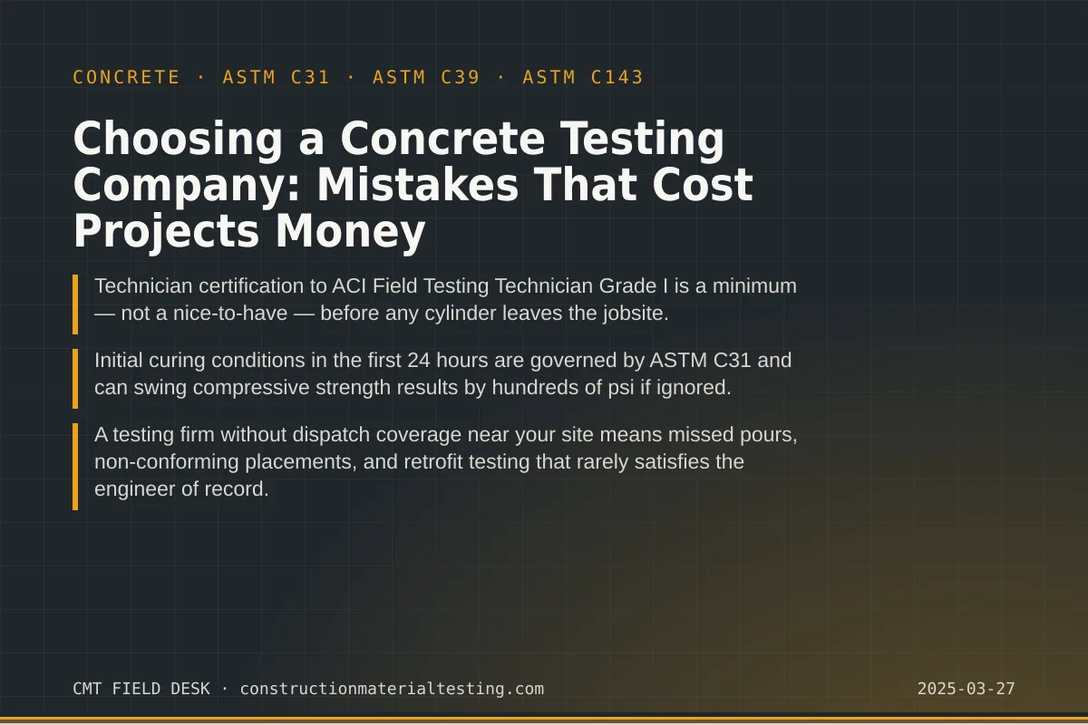 Choosing a Concrete Testing Company: Mistakes That Cost Projects Money Choosing a Concrete Testing Company: Mistakes That Cost Projects Money — key takeaways card for ASTM C31 and ASTM C39