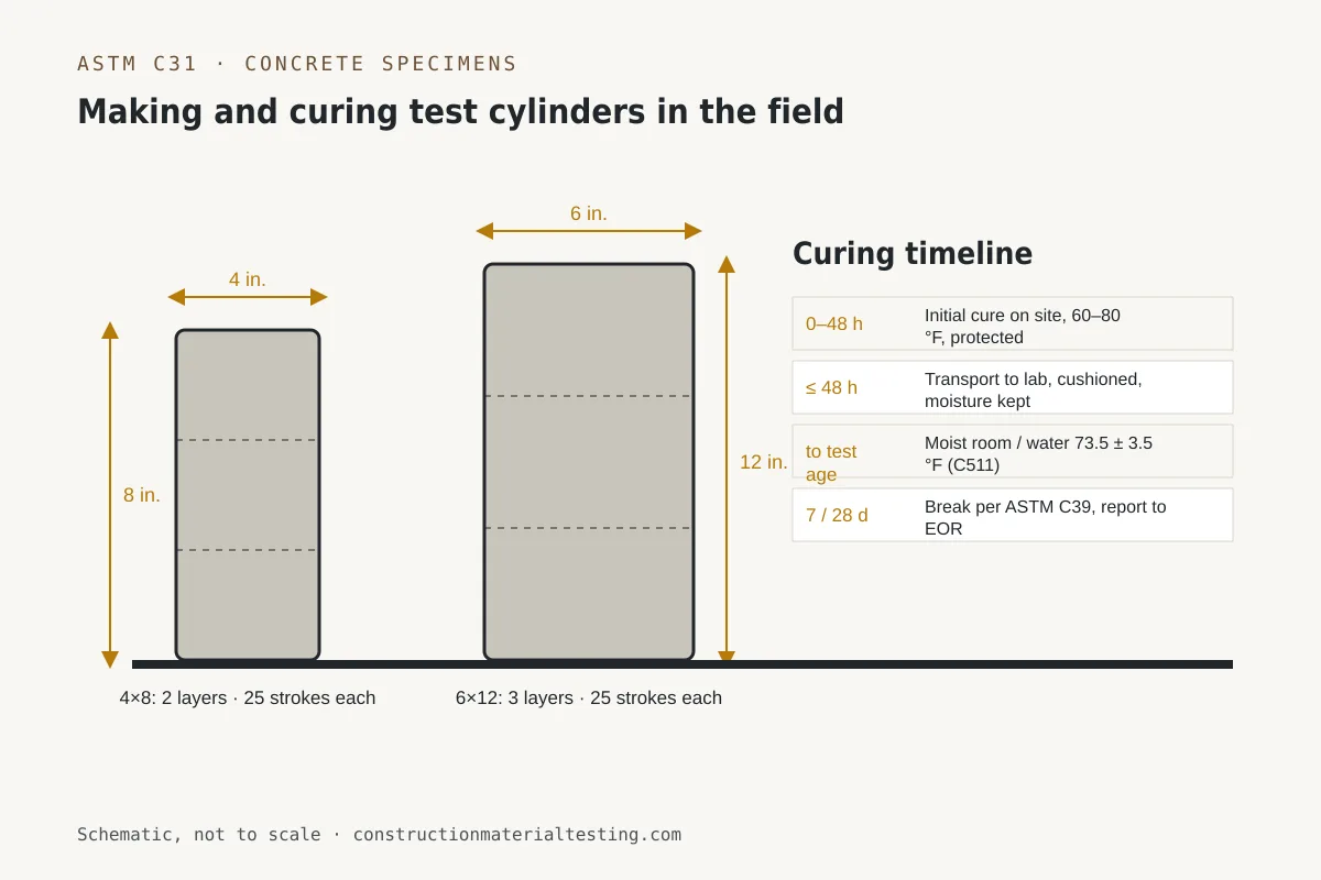 Diagram of 4×8 and 6×12 concrete test cylinders with rodding layers and the ASTM C31 curing timeline