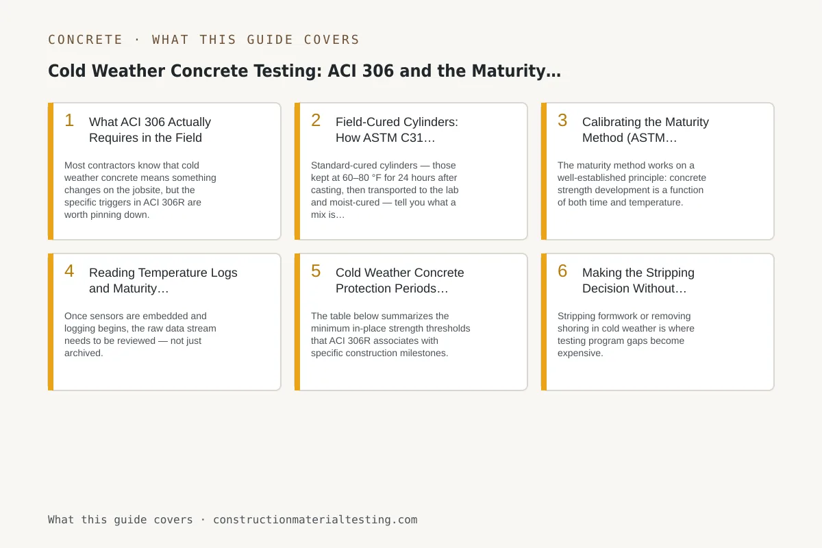 Overview graphic listing the sections of this guide with a one-line summary of each: Cold Weather Concrete Testing: ACI 306 and the Maturity Method (ASTM C1074)