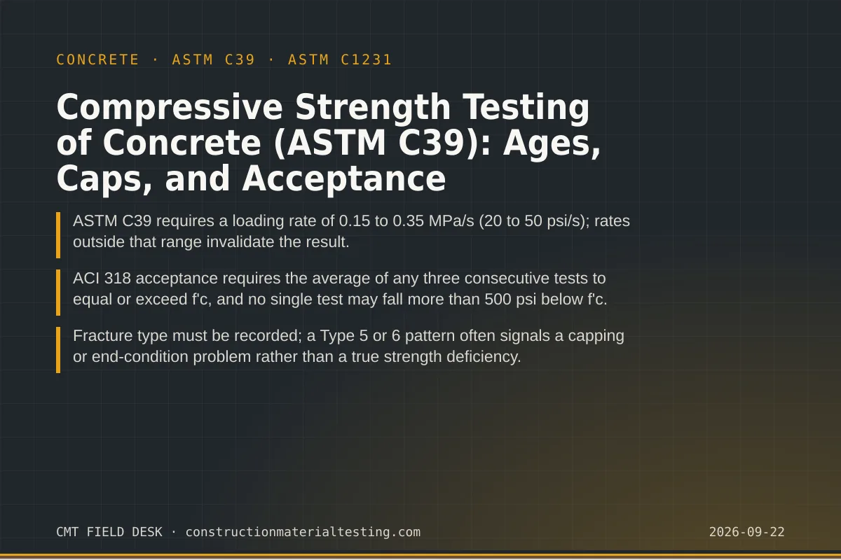 Compressive Strength Testing of Concrete (ASTM C39): Ages, Caps, and Acceptance Compressive Strength Testing of Concrete (ASTM C39): Ages, Caps, and Acceptance — key takeaways card for ASTM C39 and ASTM C1231