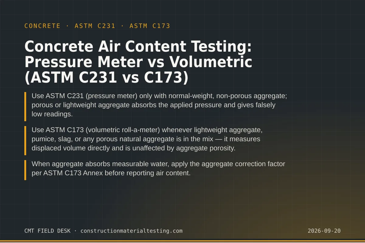 Concrete Air Content Testing: Pressure Meter vs Volumetric (ASTM C231 vs C173) Concrete Air Content Testing: Pressure Meter vs Volumetric (ASTM C231 vs C173) — key takeaways card for ASTM C231 and ASTM C173