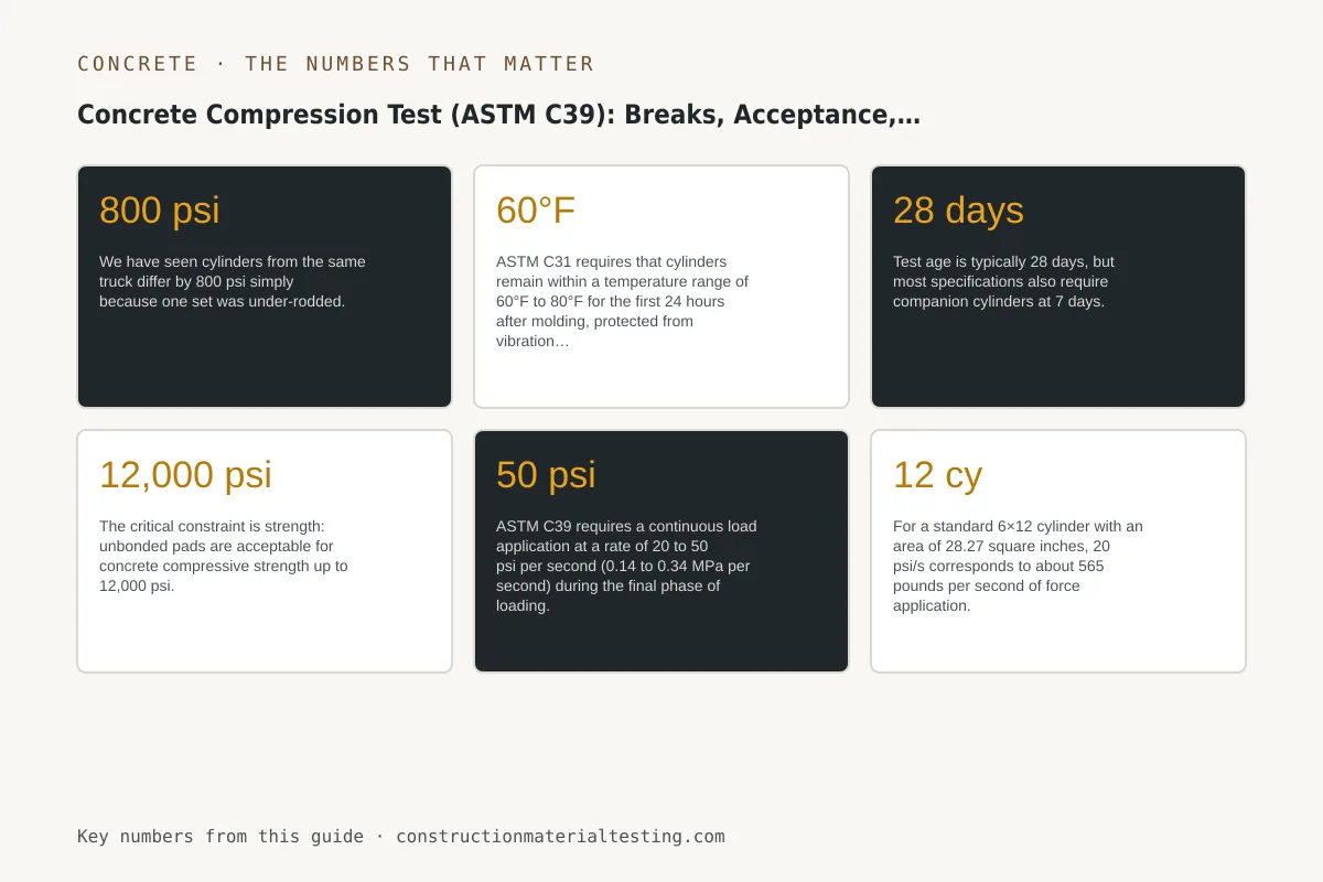 Concrete Compression Test (ASTM C39): Breaks, Acceptance, and Low-Strength Investigation Infographic of the key numbers, limits, and tolerances from this guide: Concrete Compression Test (ASTM C39): Breaks, Acceptance, and Low-Strength Investigation