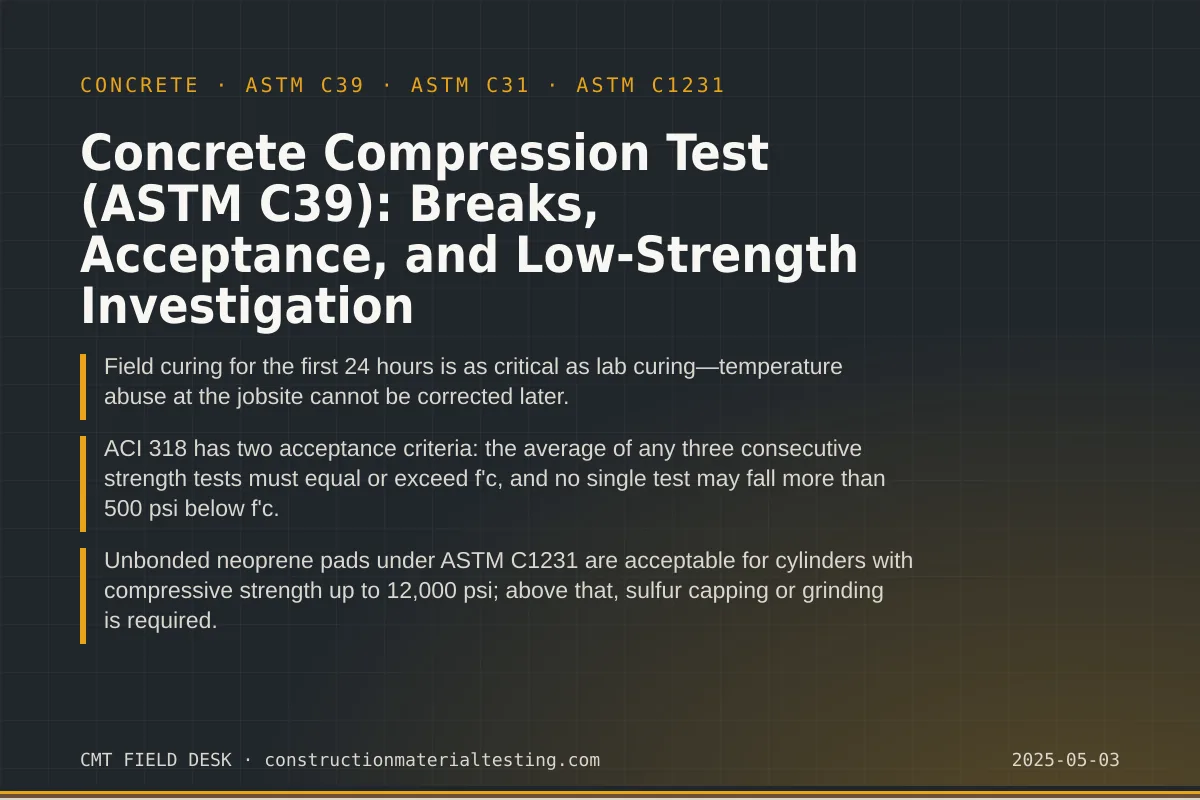 Concrete Compression Test (ASTM C39): Breaks, Acceptance, and Low-Strength Investigation Concrete Compression Test (ASTM C39): Breaks, Acceptance, and Low-Strength Investigation — key takeaways card for ASTM C39 and ASTM C31