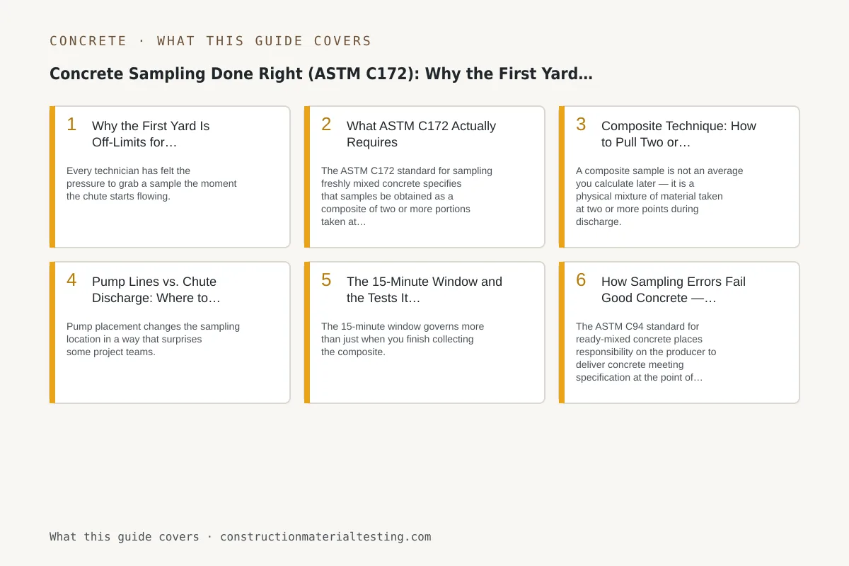 Concrete Sampling Done Right (ASTM C172): Why the First Yard Is Wrong Infographic of the key numbers, limits, and tolerances from this guide: Concrete Sampling Done Right (ASTM C172): Why the First Yard Is Wrong