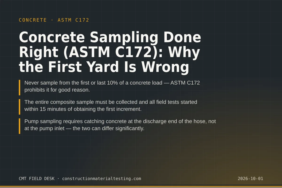 Concrete Sampling Done Right (ASTM C172): Why the First Yard Is Wrong Concrete Sampling Done Right (ASTM C172): Why the First Yard Is Wrong — key takeaways card for ASTM C172