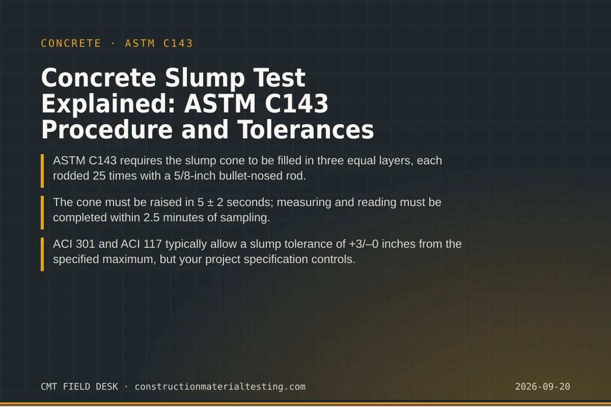 Concrete Slump Test Explained: ASTM C143 Procedure and Tolerances Concrete Slump Test Explained: ASTM C143 Procedure and Tolerances — key takeaways card for ASTM C143