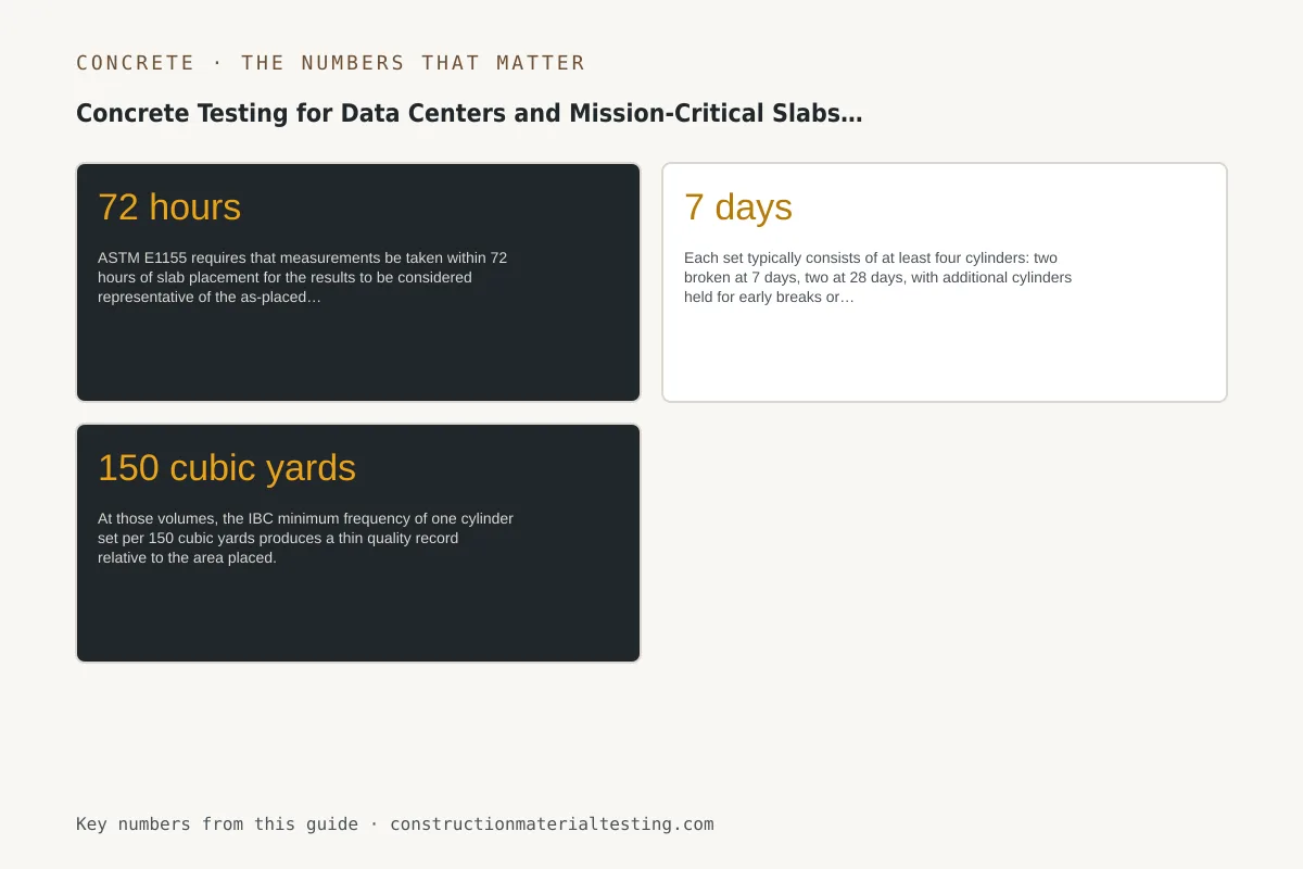 Infographic of the key numbers, limits, and tolerances from this guide: Concrete Testing for Data Centers and Mission-Critical Slabs (FF/FL, ASTM E1155)
