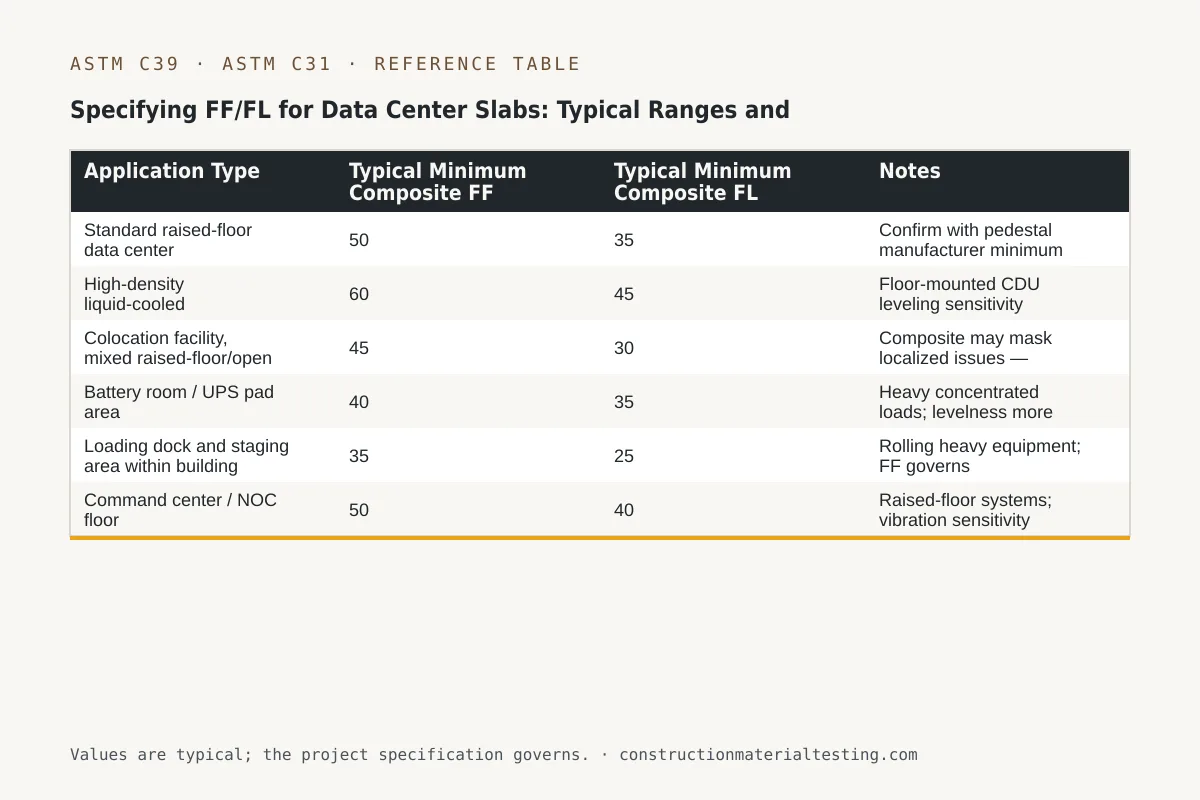 Reference table — Specifying FF/FL for Data Center Slabs: Typical Ranges and Table (Application Type, Typical Minimum Composite FF, Typical Minimum Composite FL, Notes)