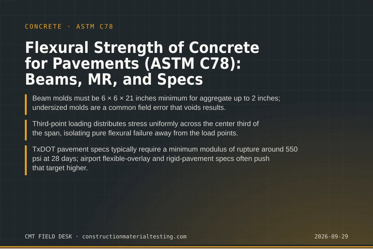 Flexural Strength of Concrete for Pavements (ASTM C78): Beams, MR, and Specs Flexural Strength of Concrete for Pavements (ASTM C78): Beams, MR, and Specs — key takeaways card for ASTM C78