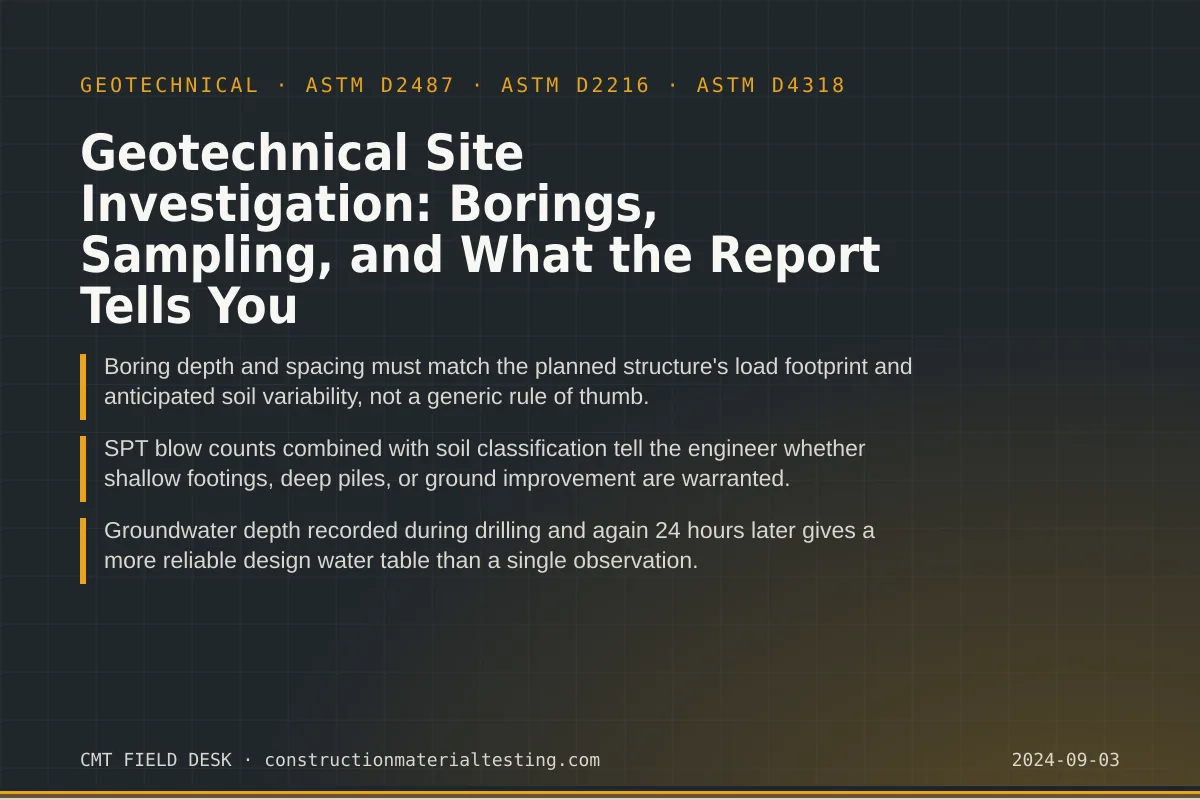 Geotechnical Site Investigation: Borings, Sampling, and What the Report Tells You Geotechnical Site Investigation: Borings, Sampling, and What the Report Tells You — key takeaways card for ASTM D2487 and ASTM D2216