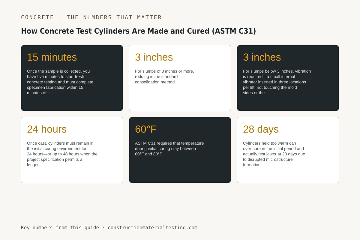 How Concrete Test Cylinders Are Made and Cured (ASTM C31) Infographic of the key numbers, limits, and tolerances from this guide: How Concrete Test Cylinders Are Made and Cured (ASTM C31)