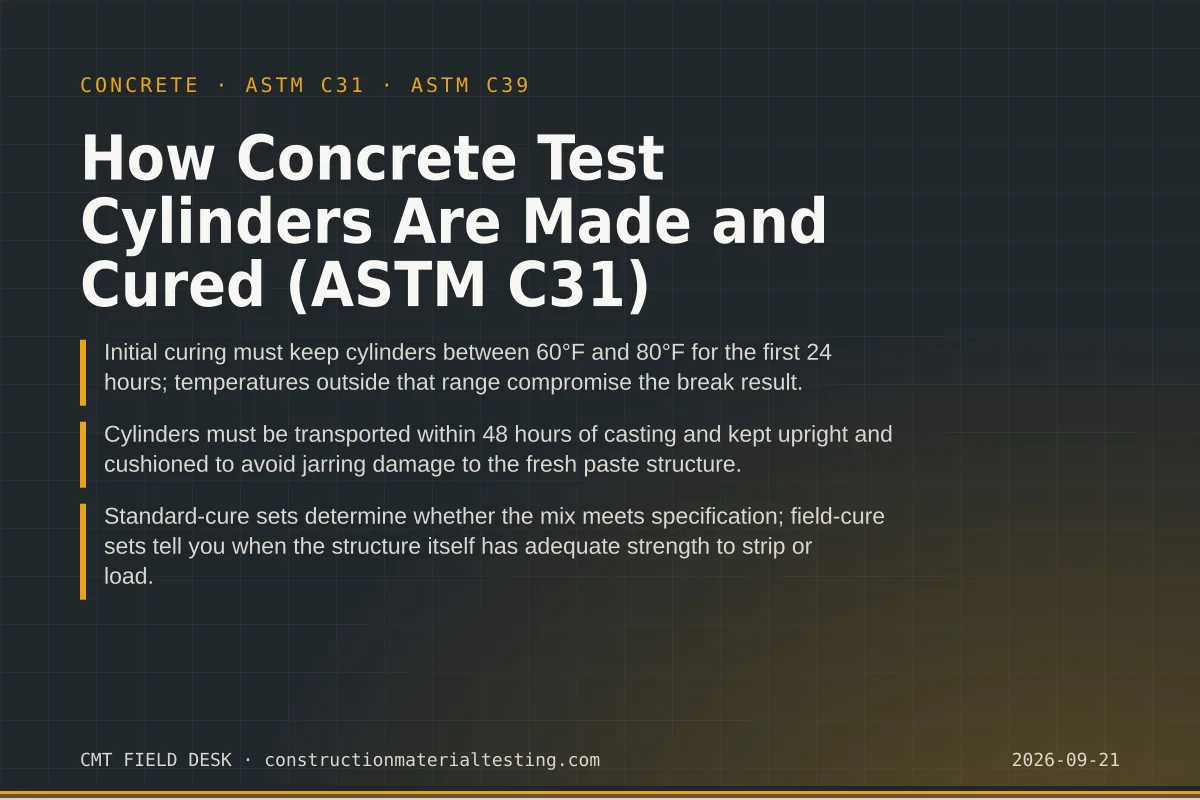 How Concrete Test Cylinders Are Made and Cured (ASTM C31) How Concrete Test Cylinders Are Made and Cured (ASTM C31) — key takeaways card for ASTM C31 and ASTM C39