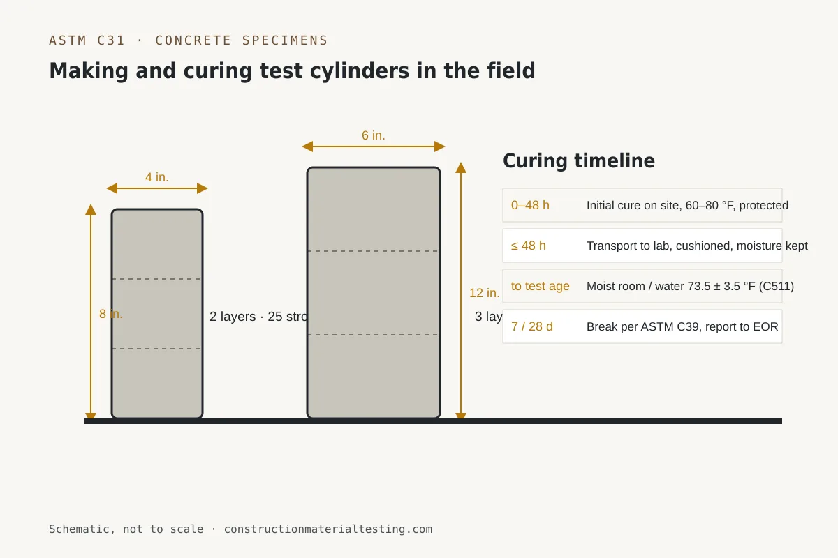 Diagram of 4×8 and 6×12 concrete test cylinders with rodding layers and the ASTM C31 curing timeline