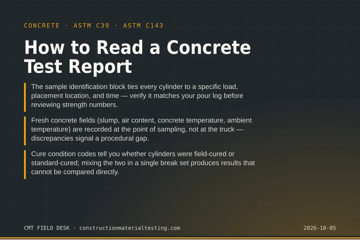 How to Read a Concrete Test Report How to Read a Concrete Test Report — key takeaways card for ASTM C39 and ASTM C143
