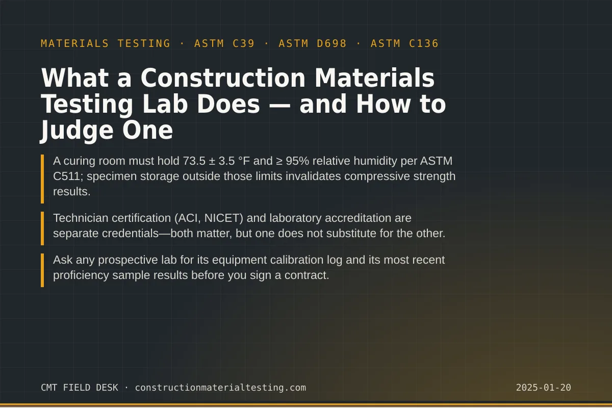 What a Construction Materials Testing Lab Does — and How to Judge One What a Construction Materials Testing Lab Does — and How to Judge One — key takeaways card for ASTM C39 and ASTM D698