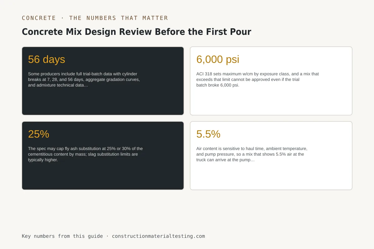 Infographic of the key numbers, limits, and tolerances from this guide: Concrete Mix Design Review Before the First Pour