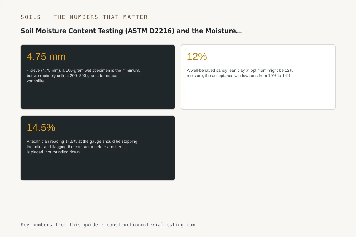 Soil Moisture Content Testing (ASTM D2216) and the Moisture Window That Controls Density Infographic of the key numbers, limits, and tolerances from this guide: Soil Moisture Content Testing (ASTM D2216) and the Moisture Window That Controls Density