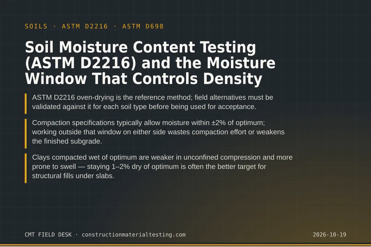 Soil Moisture Content Testing (ASTM D2216) and the Moisture Window That Controls Density Soil Moisture Content Testing (ASTM D2216) and the Moisture Window That Controls Density — key takeaways card for ASTM D2216 and ASTM D698