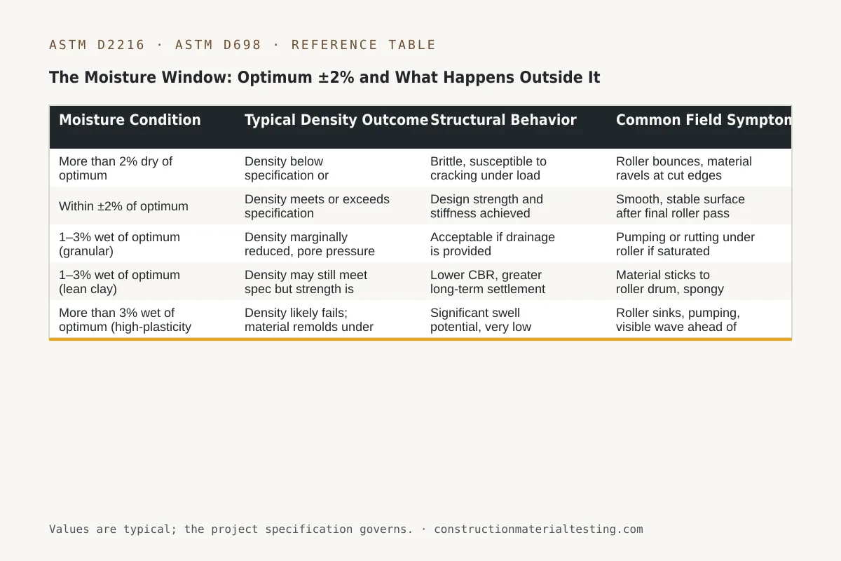The Moisture Window: Optimum ±2% and What Happens Outside It Reference table — The Moisture Window: Optimum ±2% and What Happens Outside It (Moisture Condition, Typical Density Outcome, Structural Behavior, Common Field Symptom)