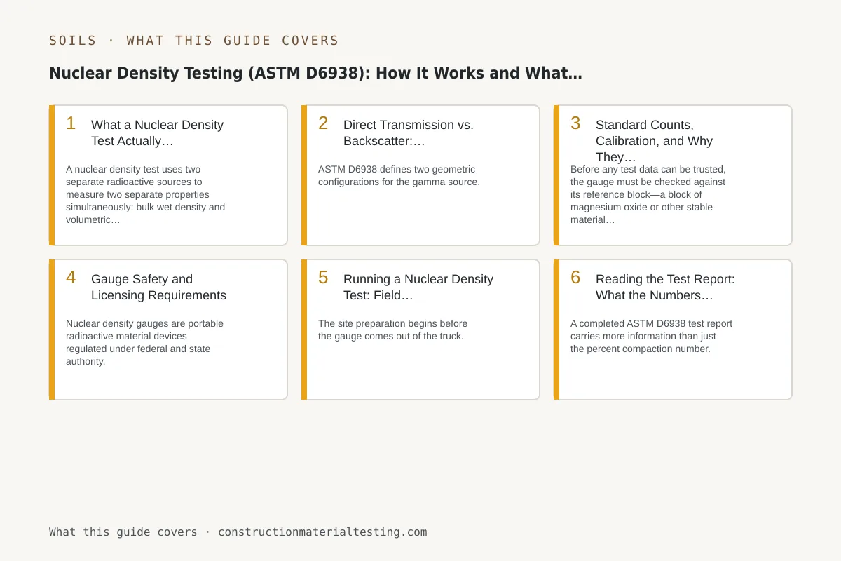 Nuclear Density Testing (ASTM D6938): How It Works and What the Numbers Mean Infographic of the key numbers, limits, and tolerances from this guide: Nuclear Density Testing (ASTM D6938): How It Works and What the Numbers Mean