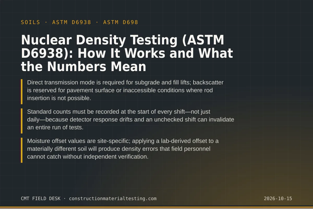 Nuclear Density Testing (ASTM D6938): How It Works and What the Numbers Mean Nuclear Density Testing (ASTM D6938): How It Works and What the Numbers Mean — key takeaways card for ASTM D6938 and ASTM D698