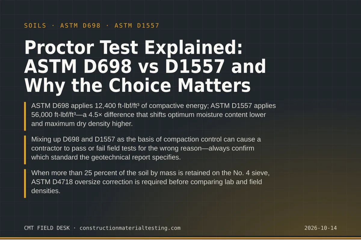 Proctor Test Explained: ASTM D698 vs D1557 and Why the Choice Matters Proctor Test Explained: ASTM D698 vs D1557 and Why the Choice Matters — key takeaways card for ASTM D698 and ASTM D1557