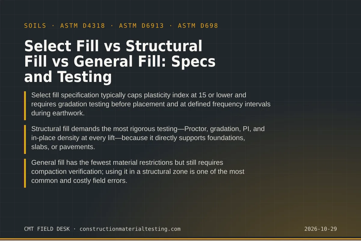 Select Fill vs Structural Fill vs General Fill: Specs and Testing Select Fill vs Structural Fill vs General Fill: Specs and Testing — key takeaways card for ASTM D4318 and ASTM D6913