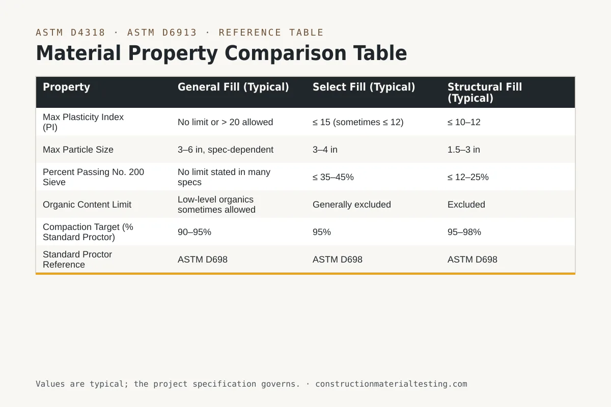 Material Property Comparison Table Reference table — Material Property Comparison Table (Property, General Fill (Typical), Select Fill (Typical), Structural Fill (Typical))