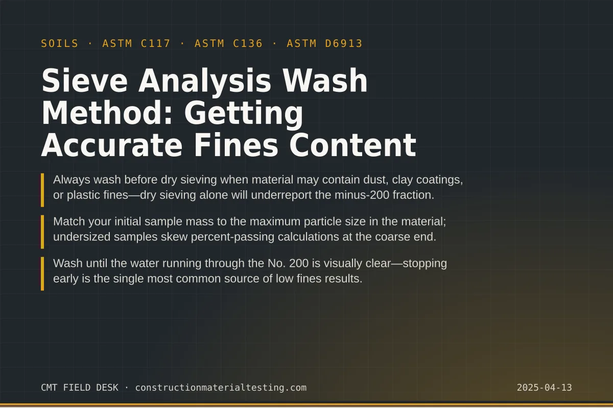 Sieve Analysis Wash Method: Getting Accurate Fines Content Sieve Analysis Wash Method: Getting Accurate Fines Content — key takeaways card for ASTM C117 and ASTM C136