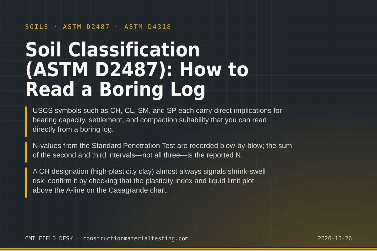 Soil Classification (ASTM D2487): How to Read a Boring Log Soil Classification (ASTM D2487): How to Read a Boring Log — key takeaways card for ASTM D2487 and ASTM D4318