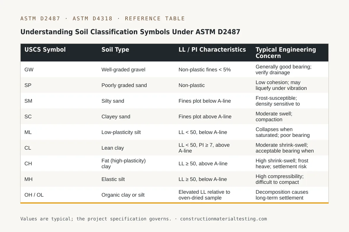 Understanding Soil Classification Symbols Under ASTM D2487 Reference table — Understanding Soil Classification Symbols Under ASTM D2487 (USCS Symbol, Soil Type, LL / PI Characteristics, Typical Engineering Concern)