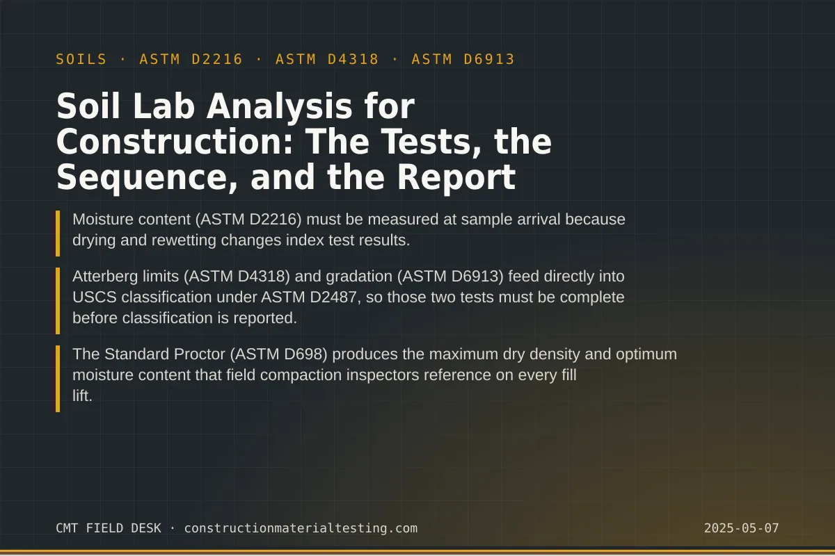 Soil Lab Analysis for Construction: The Tests, the Sequence, and the Report Soil Lab Analysis for Construction: The Tests, the Sequence, and the Report — key takeaways card for ASTM D2216 and ASTM D4318