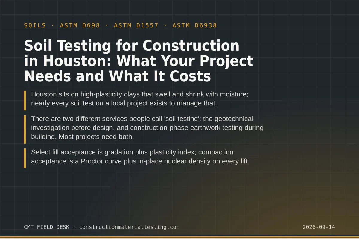 Soil Testing for Construction in Houston: What Your Project Needs and What It Costs — key takeaways card for ASTM D698 and ASTM D1557