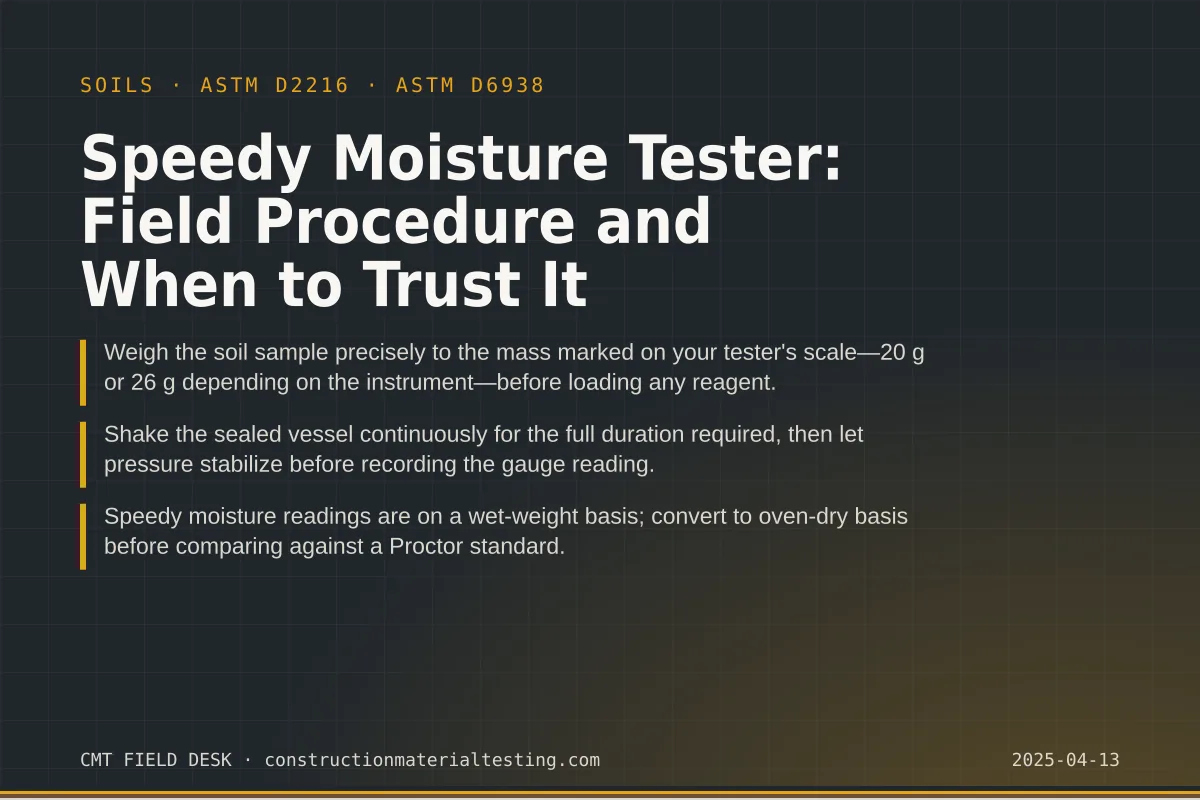 Speedy Moisture Tester: Field Procedure and When to Trust It Speedy Moisture Tester: Field Procedure and When to Trust It — key takeaways card for ASTM D2216 and ASTM D6938