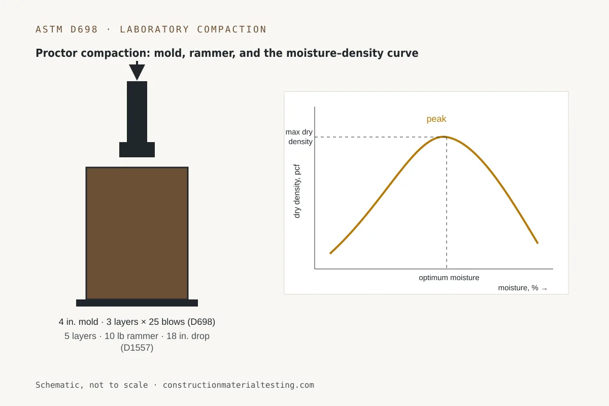 ASTM D2487 and ASTM D4318 — schematic Diagram of a Proctor compaction mold and rammer with a moisture–density curve showing optimum moisture