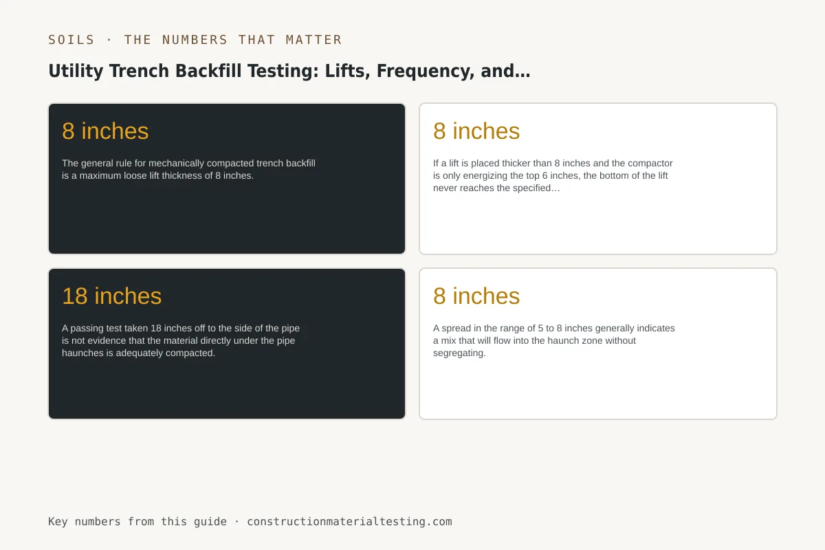 Infographic of the key numbers, limits, and tolerances from this guide: Utility Trench Backfill Testing: Lifts, Frequency, and Flowable Fill