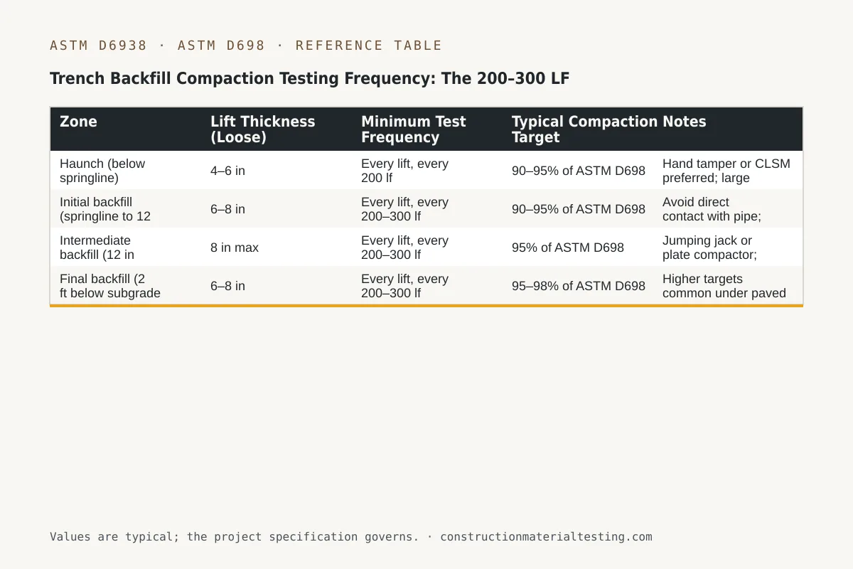 Reference table — Trench Backfill Compaction Testing Frequency: The 200–300 LF Rule (Zone, Lift Thickness (Loose), Minimum Test Frequency, Typical Compaction Target, Notes)
