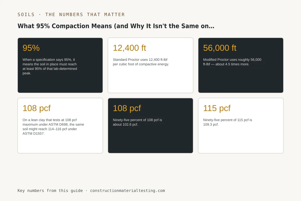 What 95% Compaction Means (and Why It Isn't the Same on Every Job) Infographic of the key numbers, limits, and tolerances from this guide: What 95% Compaction Means (and Why It Isn't the Same on Every Job)