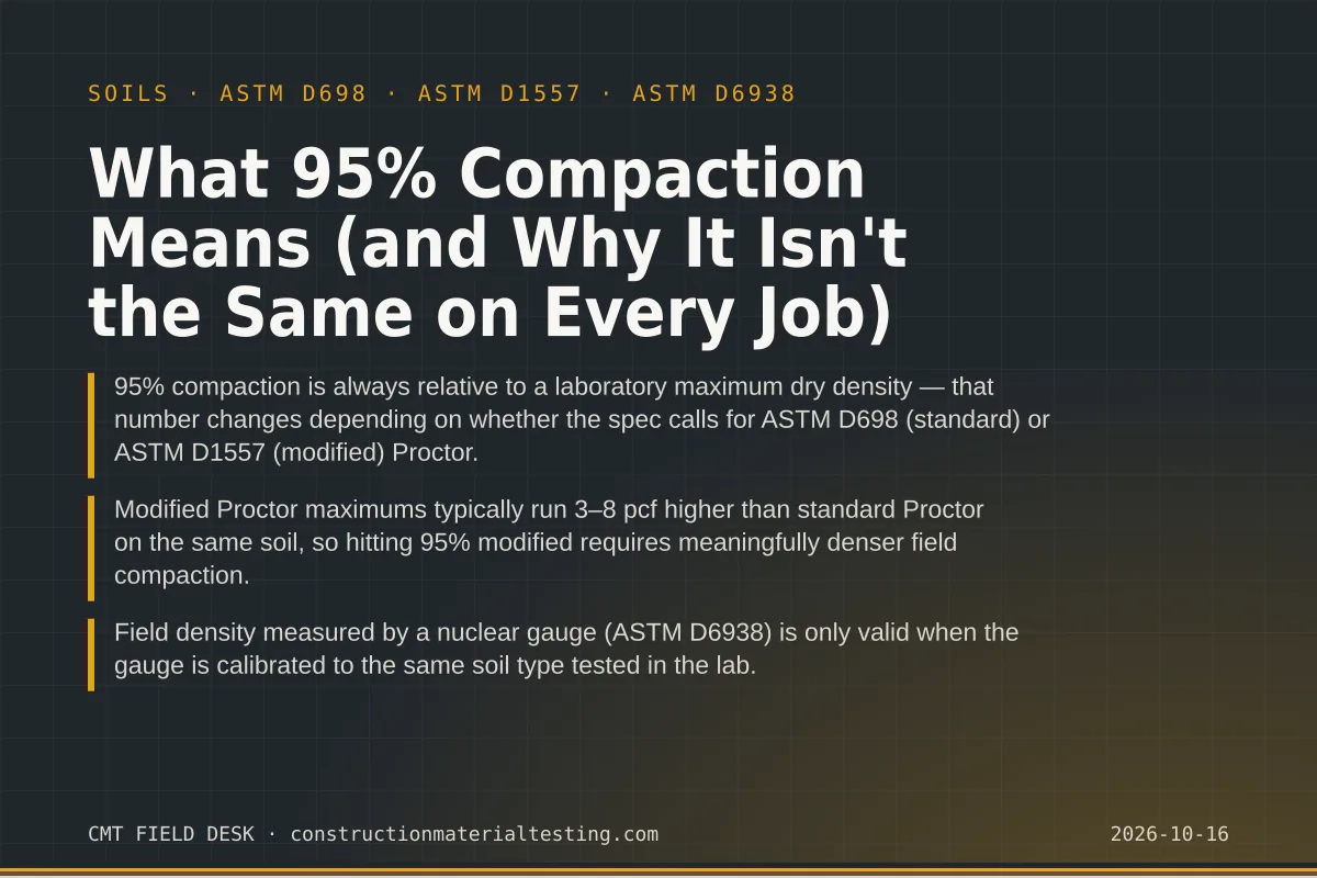What 95% Compaction Means (and Why It Isn't the Same on Every Job) What 95% Compaction Means (and Why It Isn't the Same on Every Job) — key takeaways card for ASTM D698 and ASTM D1557