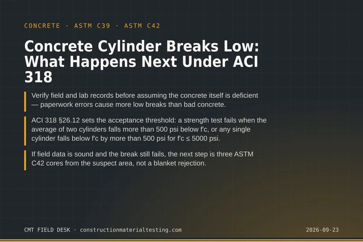 Concrete Cylinder Breaks Low: What Happens Next Under ACI 318 Concrete Cylinder Breaks Low: What Happens Next Under ACI 318 — key takeaways card for ASTM C39 and ASTM C42